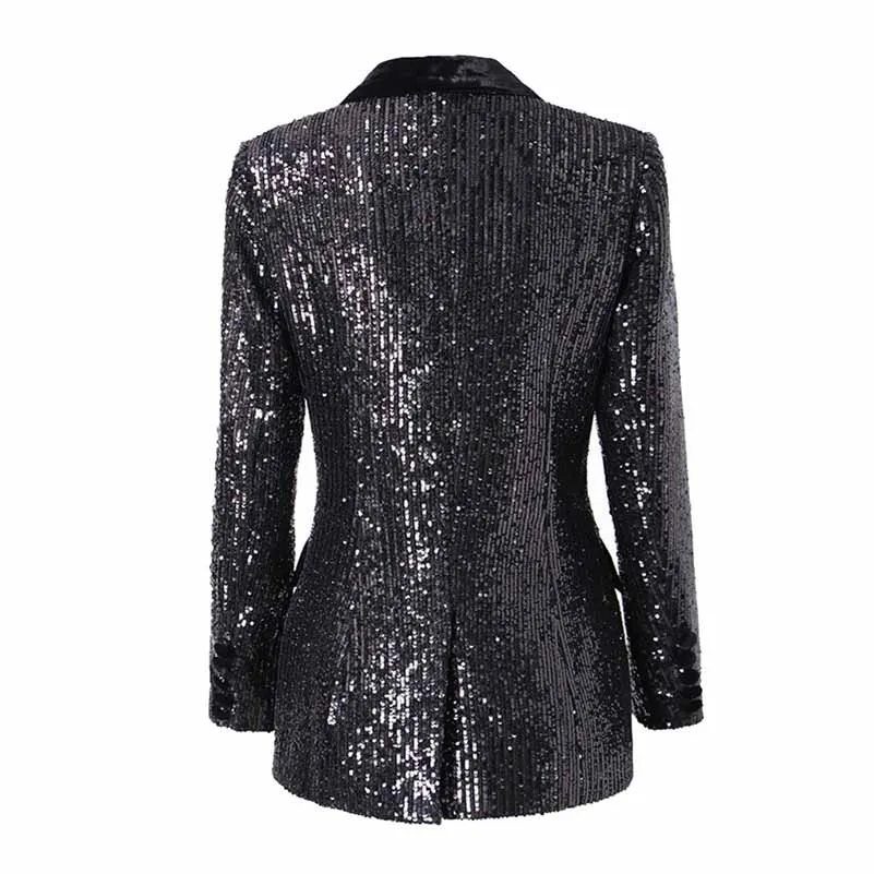 Women Black Sequins Blazer Double Breasted Blazer