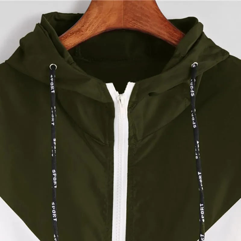 Women Block Drawstring Hooded Bomber Jackets