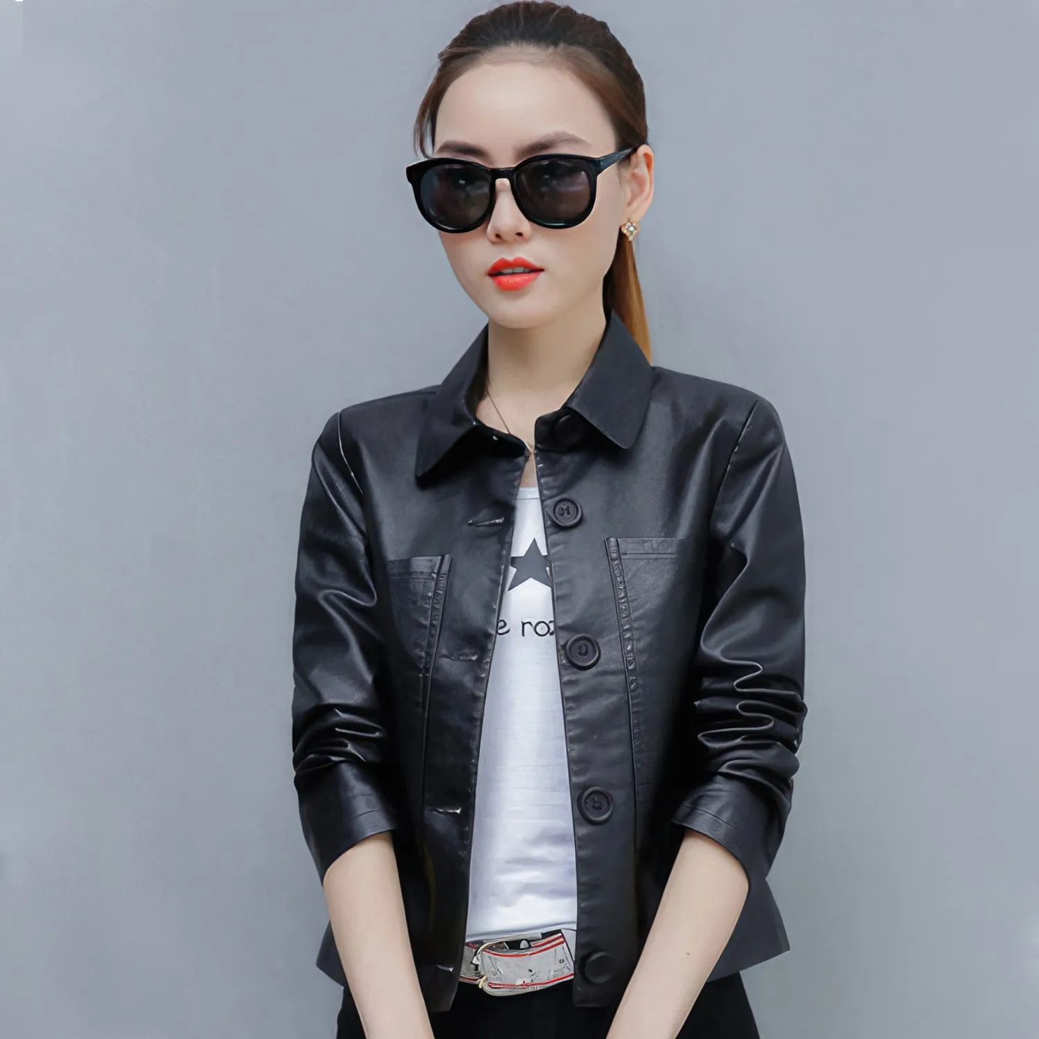 Women’s Black Genuine Sheepskin Shirt Collar Moto Café Racer Sporty Korean Fashion Chic Slim Fit Leather Jacket