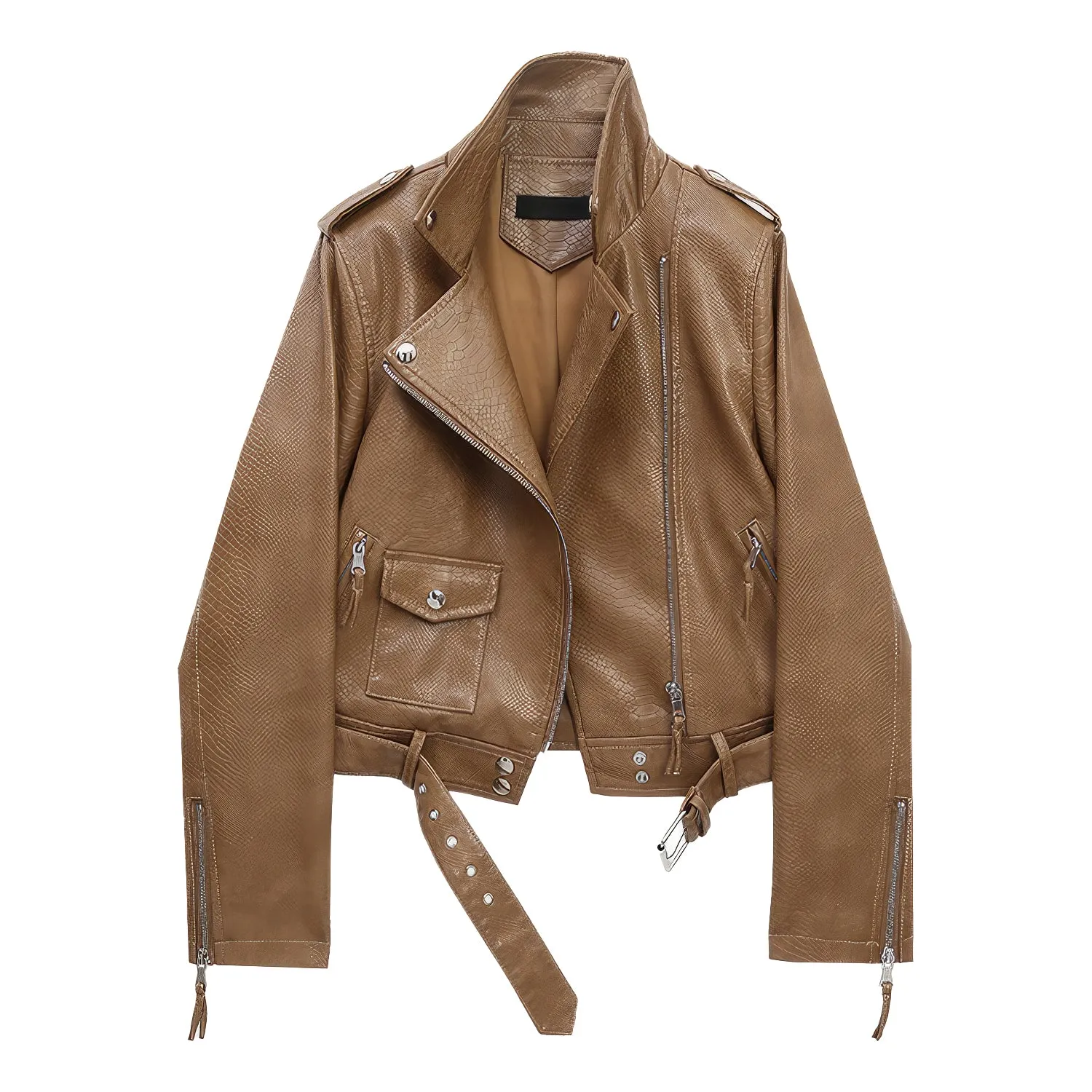 Women’s Brown Biker Genuine Sheepskin Snake Skin Texture Streetwear Slim Fit Moto Rider Casual Café Racer Smooth Leather Jacket