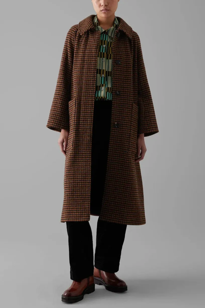 Wool Houndstooth Raglan Coat, Burnt Orange