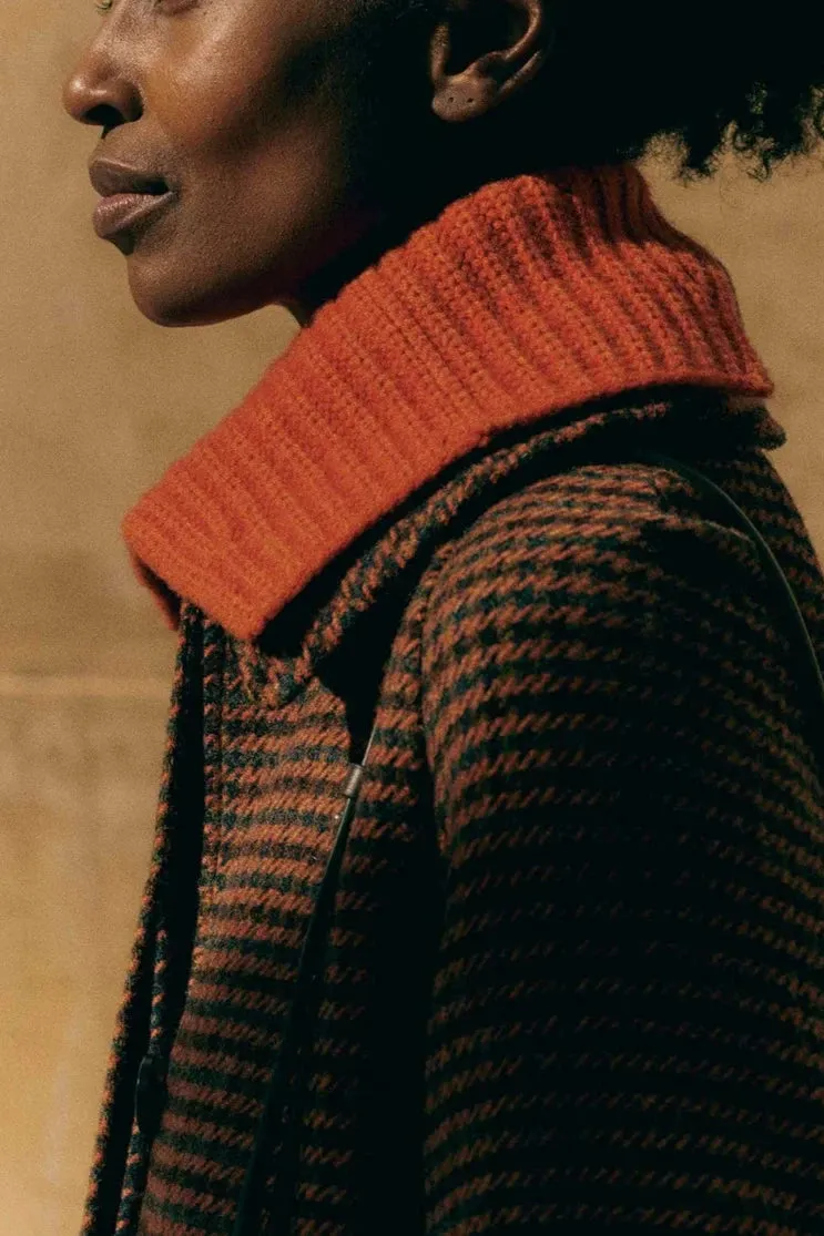 Wool Houndstooth Raglan Coat, Burnt Orange